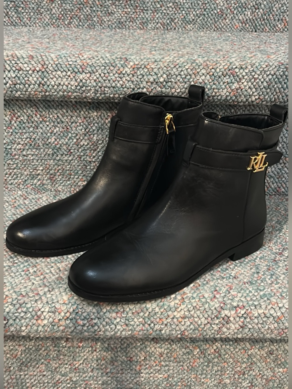Ralph Lauren Black Leather Ankle Booties with Gold RL Accent - Picture 2 of 7